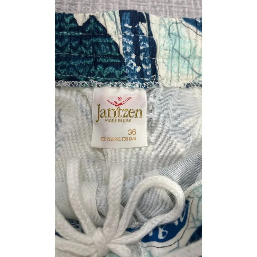 Vintage 70’s Jantzen Short Swim Trunks 28 waist USA Blue Hawaiian Print Retro